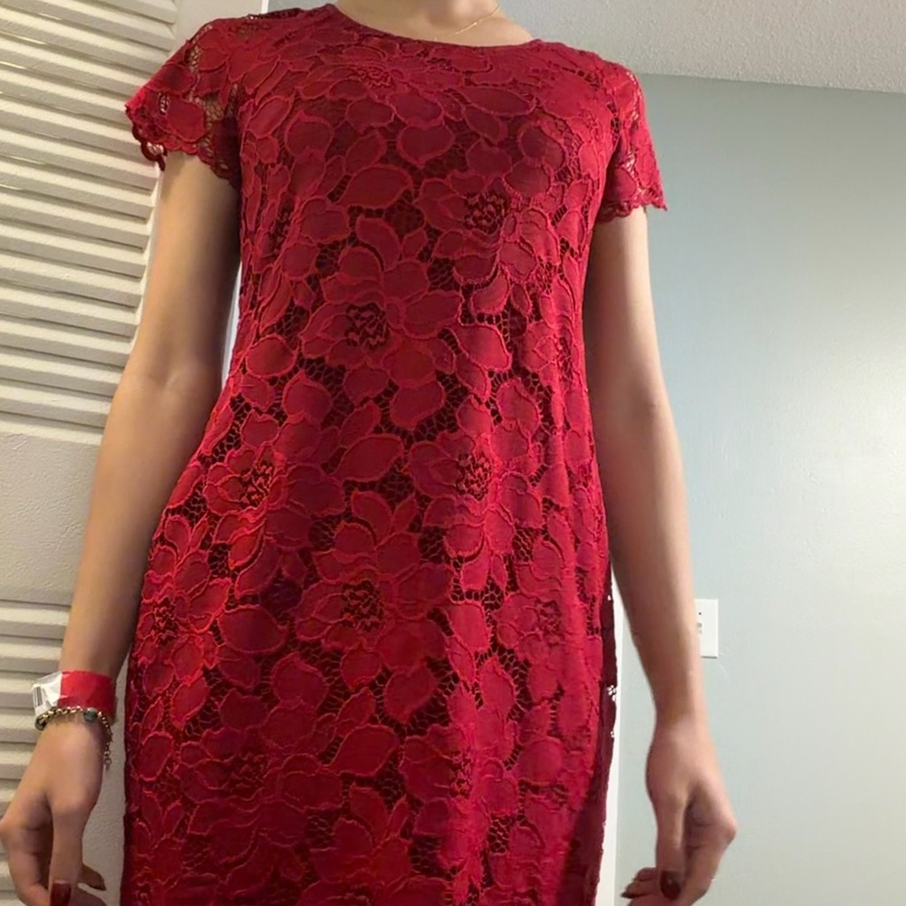 Ronni Nicole Red Floral Lace Midi Dress
